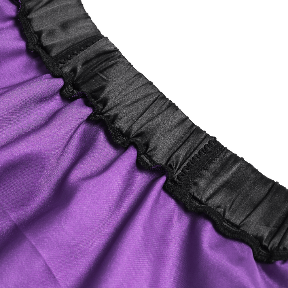 Purple Gothic Tulle Skirt with Lace Up Ribbon Trim waistband detailing showing black satin and shimmery purple fabric