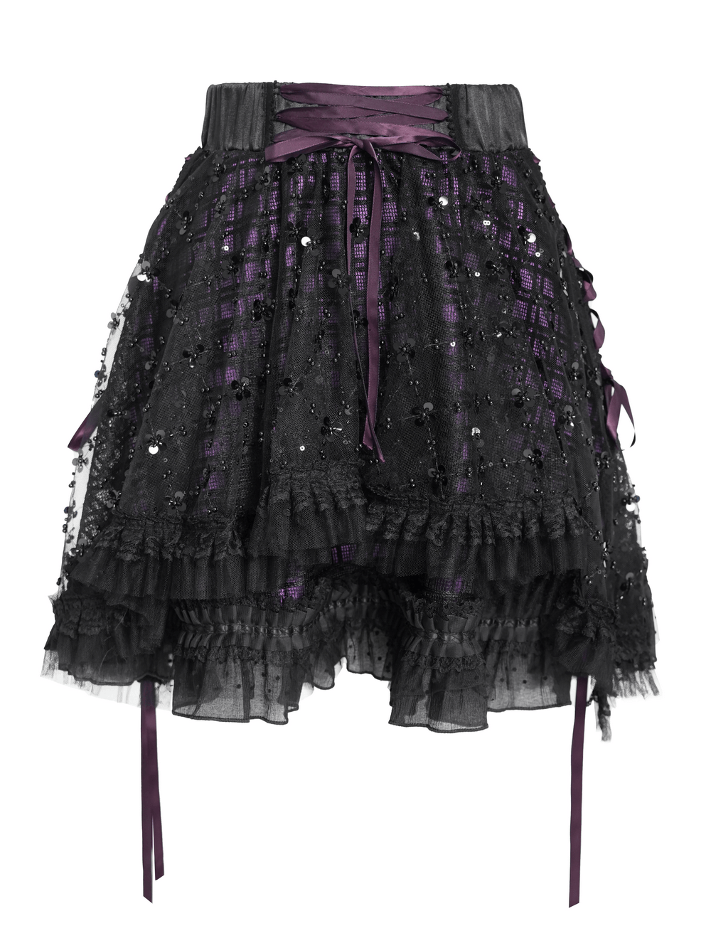Purple Gothic Tulle Skirt with Lace Up Ribbon Trim featuring black sequin mesh layer and ruffled hem.