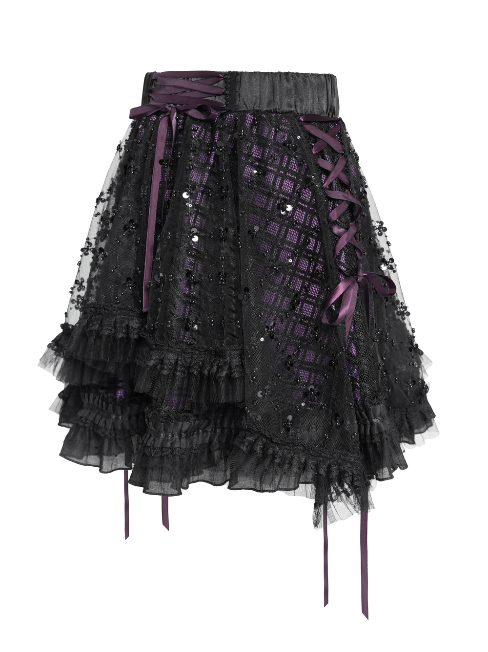 Purple Gothic Tulle Skirt with Lace Up Ribbon Trim - dark romantic layered design with ruffled hem and corset details.