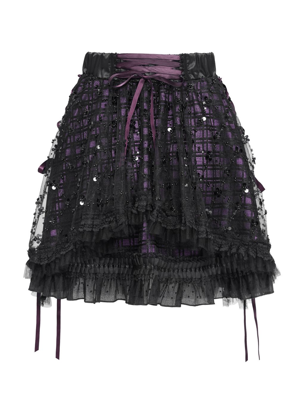 Purple Gothic Tulle Skirt with Lace Up Ribbon Trim featuring layered sequins and ruffled hem.