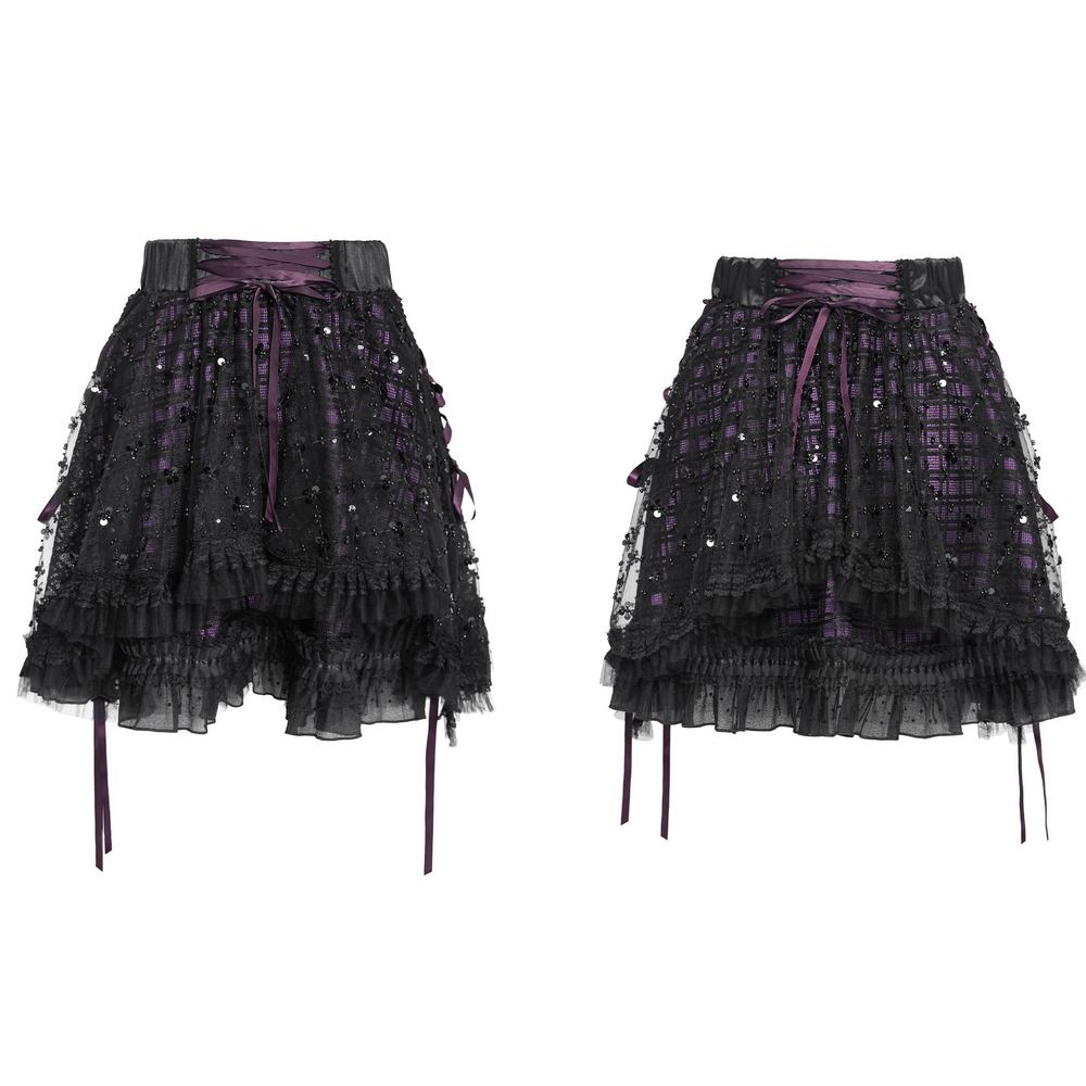 Purple Gothic Tulle Skirt with Lace Up Ribbon Trim showcasing black sequin mesh and ruffled hem for gothic outfits.