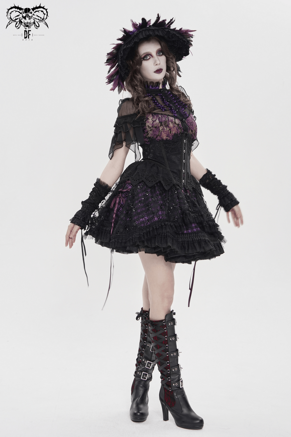 Purple Gothic Tulle Skirt with Lace Up Ribbon Trim paired with a matching gothic ensemble and accessories.