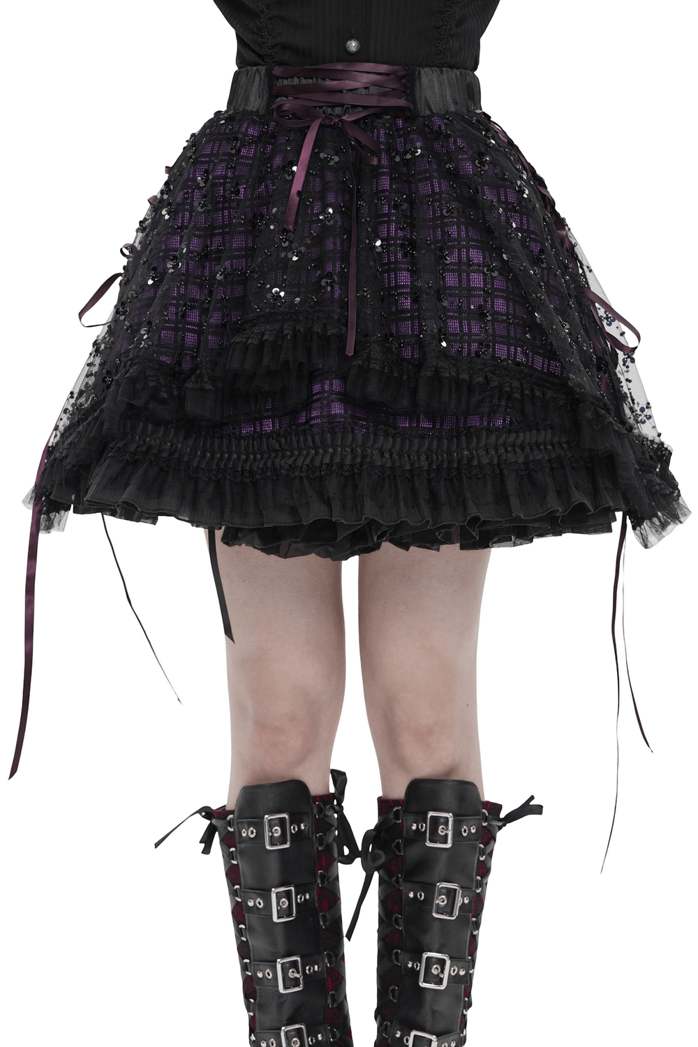 Purple Gothic Tulle Skirt with Lace Up Ribbon Trim showcasing a layered sequin mesh design and ruffle hem.