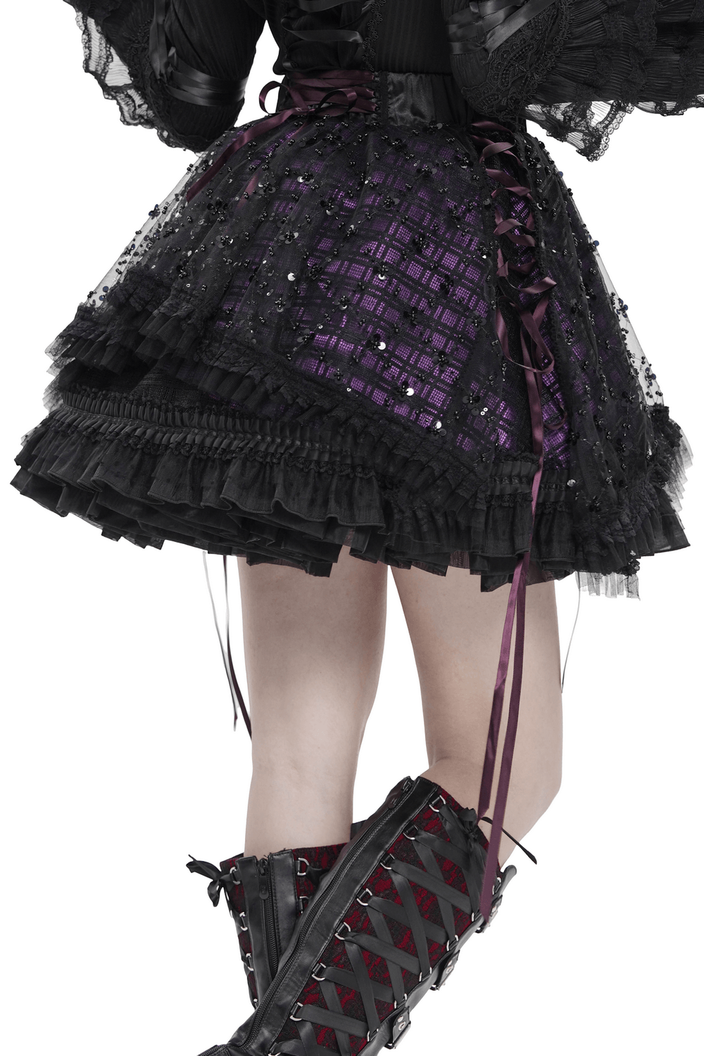Purple Gothic Tulle Skirt with Lace Up Ribbon Trim showcasing dark romantic layered design and ruffled hem.