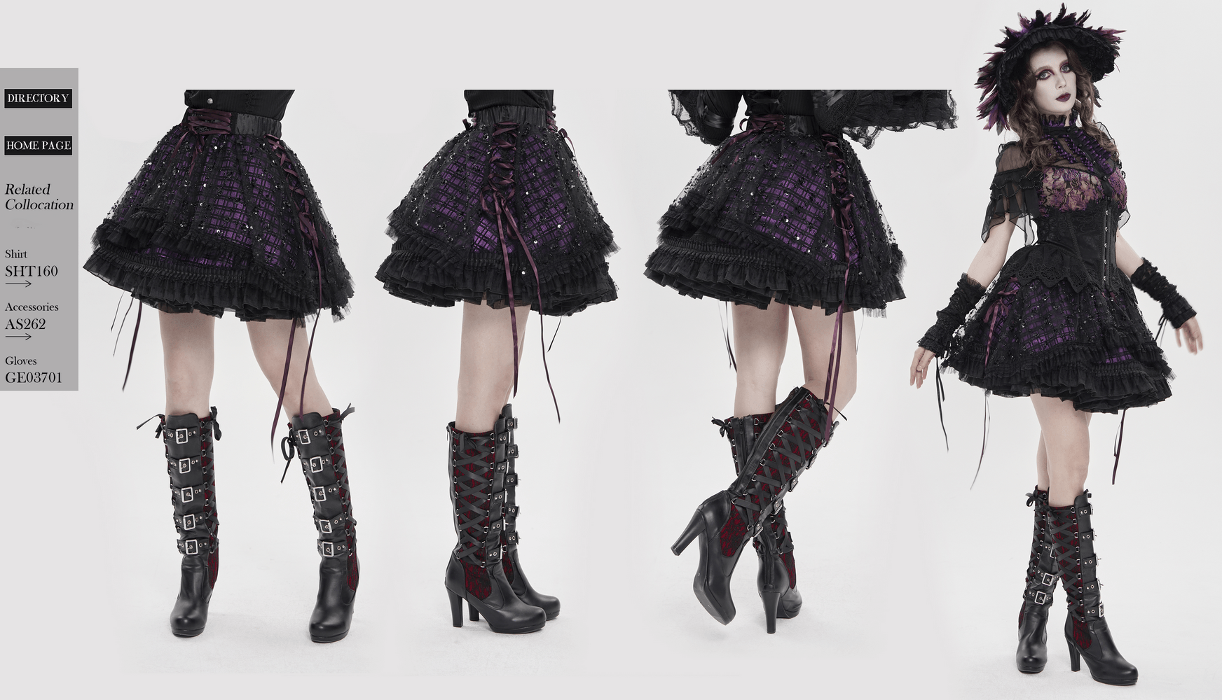 Purple Gothic Tulle Skirt with Lace Up Ribbon Trim featured in a layered sequin mesh design and ruffled hem.