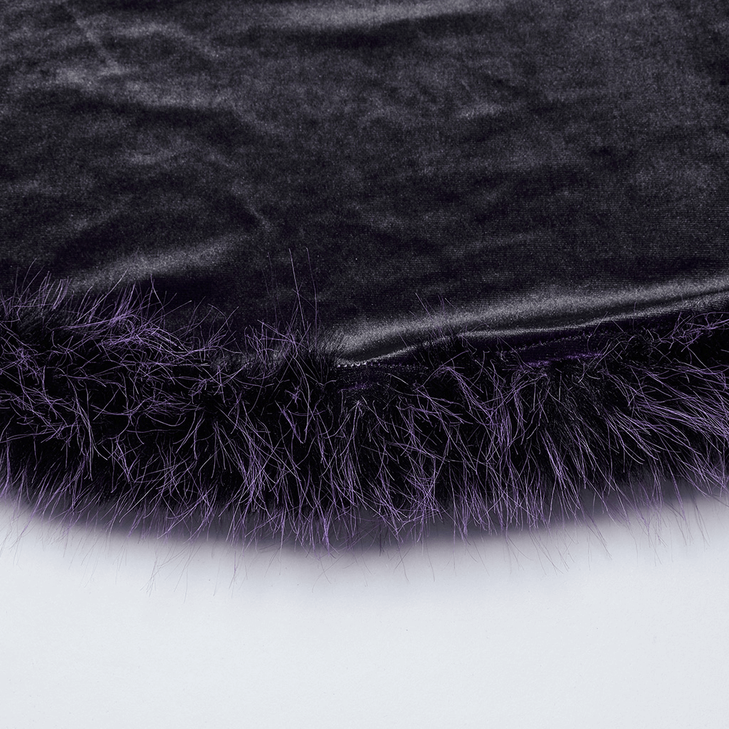 Close-up of the gradient fur trim on a purple gothic velvet dress, showcasing luxurious texture and dramatic style.