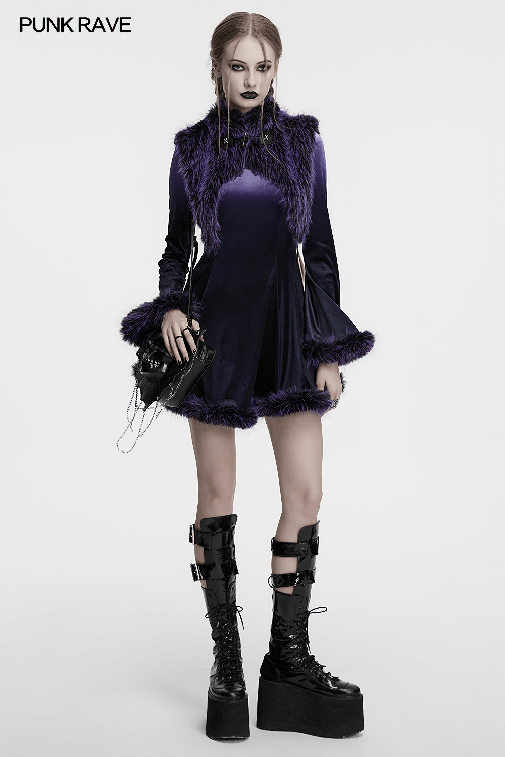 Purple gothic velvet dress with gradient fur trim, featuring bat embroidery and dramatic layered effects.