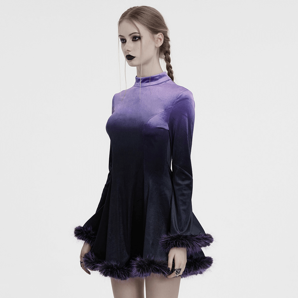 Purple gothic velvet dress with gradient fur trim, featuring bat embroidery and a stylish 3D effect.