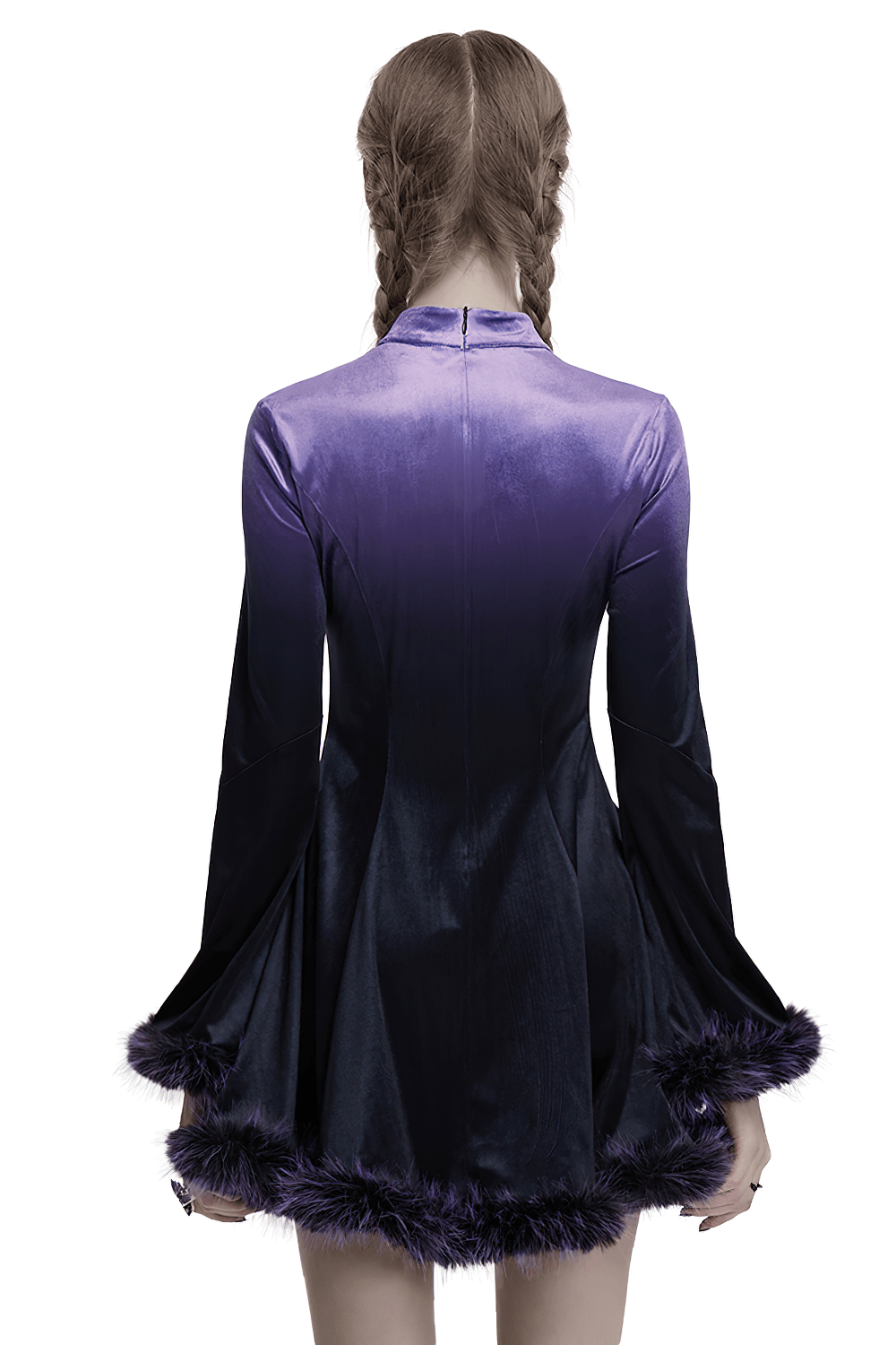 Back view of a purple gothic velvet dress with gradient fur trim and bat embroidery for a dramatic style.