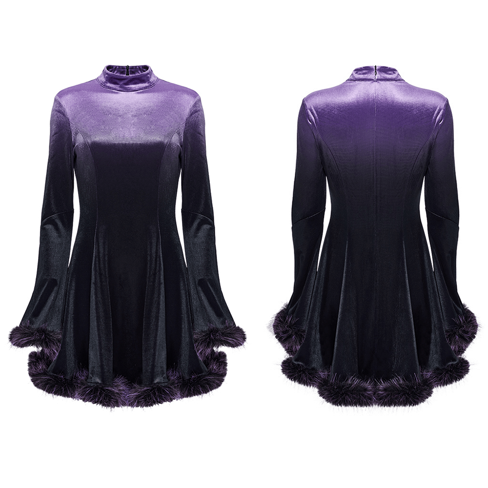 Purple gothic velvet dress with gradient fur trim, featuring bat hollowed design and 3D layered effect for women.