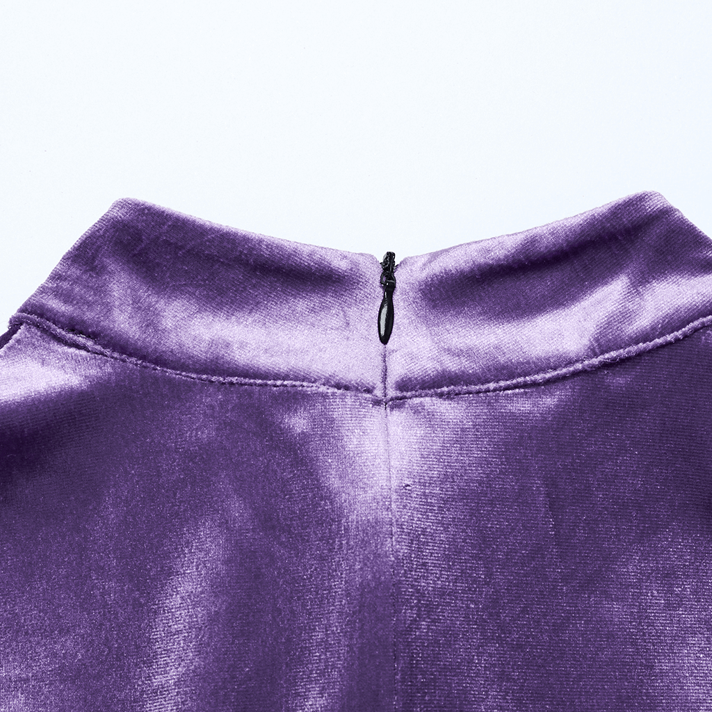 Back view of a purple velvet dress showing the sleek zipper for a gothic and stylish fit.