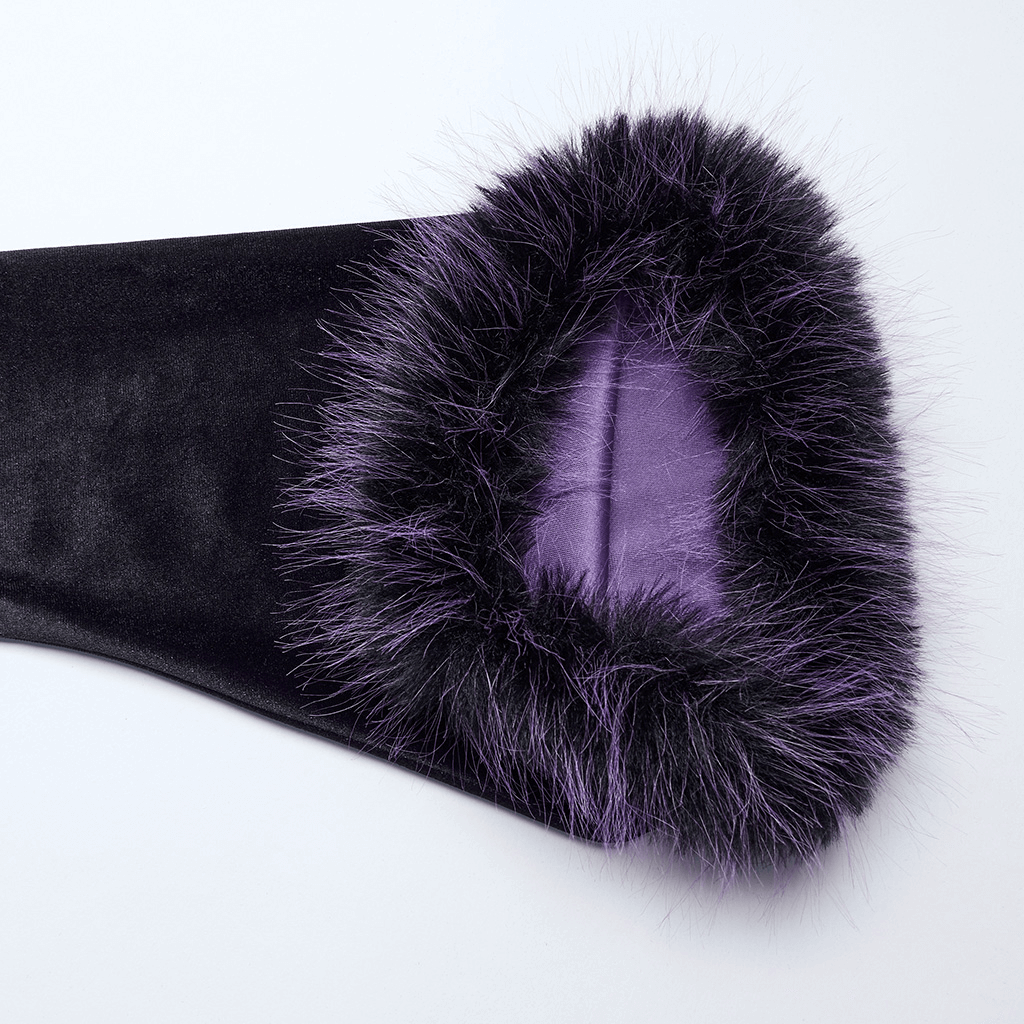 Close-up of the purple gradient fur trim on a gothic velvet dress, showcasing its dramatic style and texture.