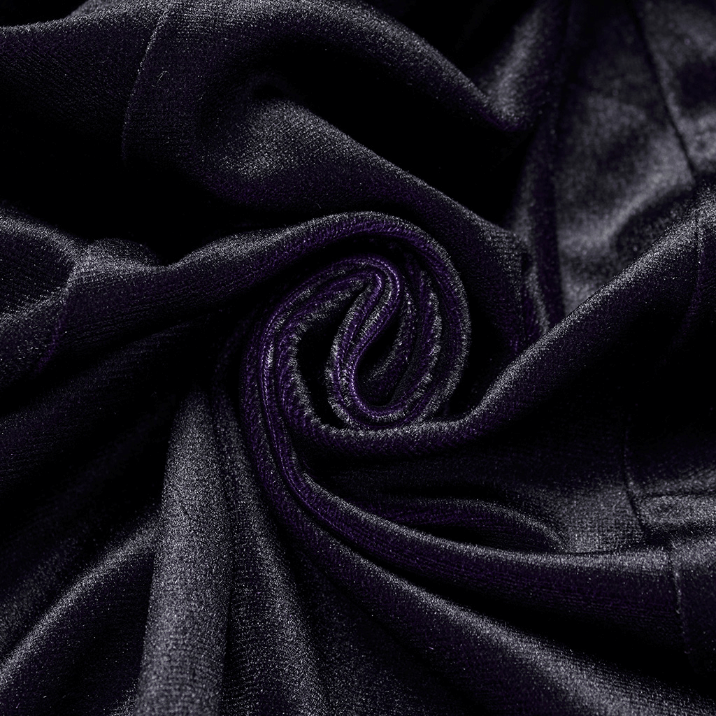 Close-up of luxurious purple gothic velvet fabric, showcasing its rich texture and shine.