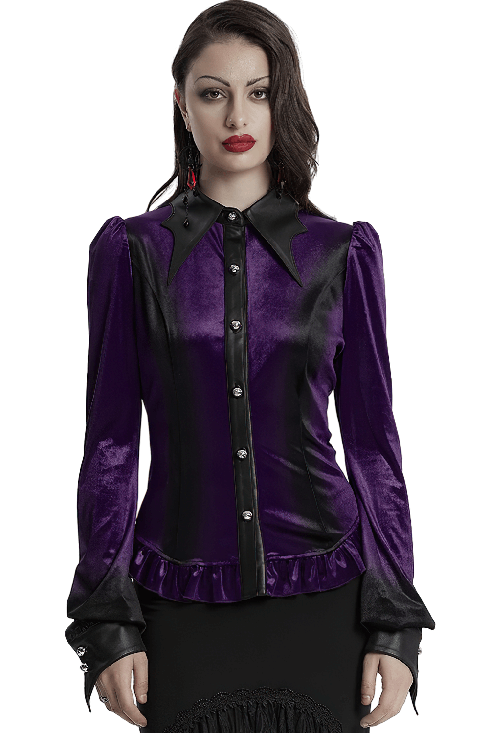 Purple Gothic velvet shirt with bat collar, ruffle hem, and lace-up waist, exuding a dramatic and stylish vibe.