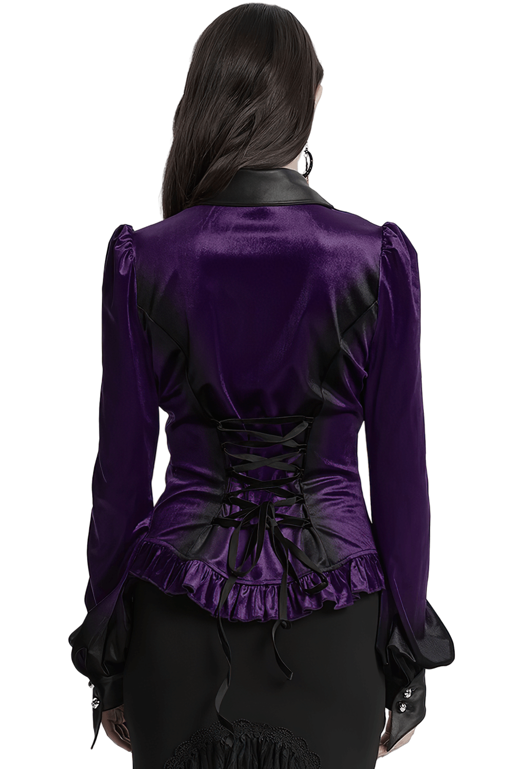 Back view of a purple gothic velvet shirt featuring a bat collar and lace-up waist with ruffled hem, showcasing a unique style.