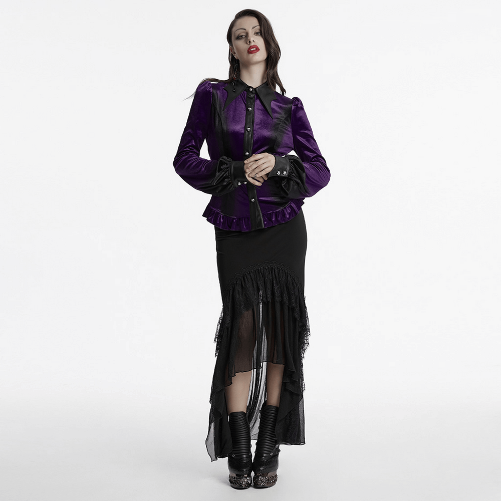 Purple gothic velvet shirt with bat collar, ruffled hem, and lace details, styled with a black skirt.