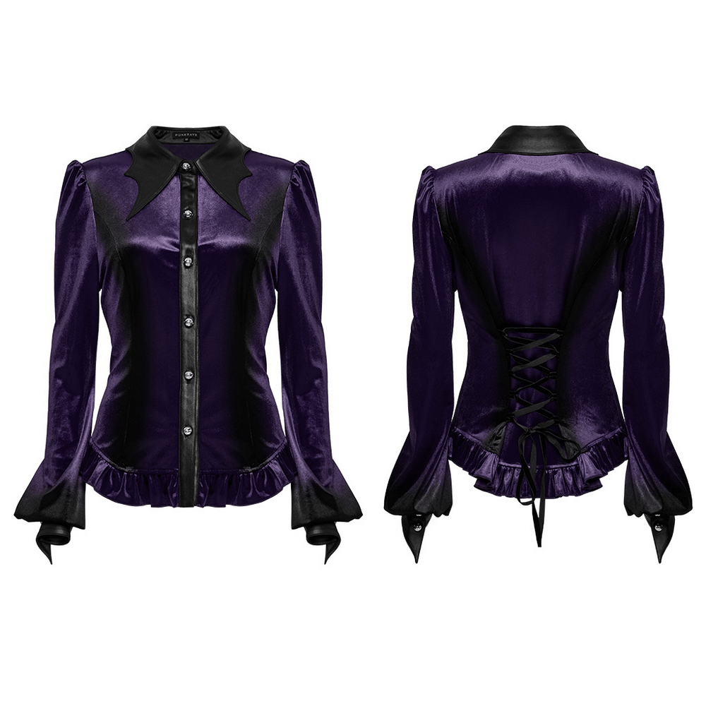 Purple gothic velvet shirt featuring bat collar, ruffle hem, and lace-up waist for a dramatic look.