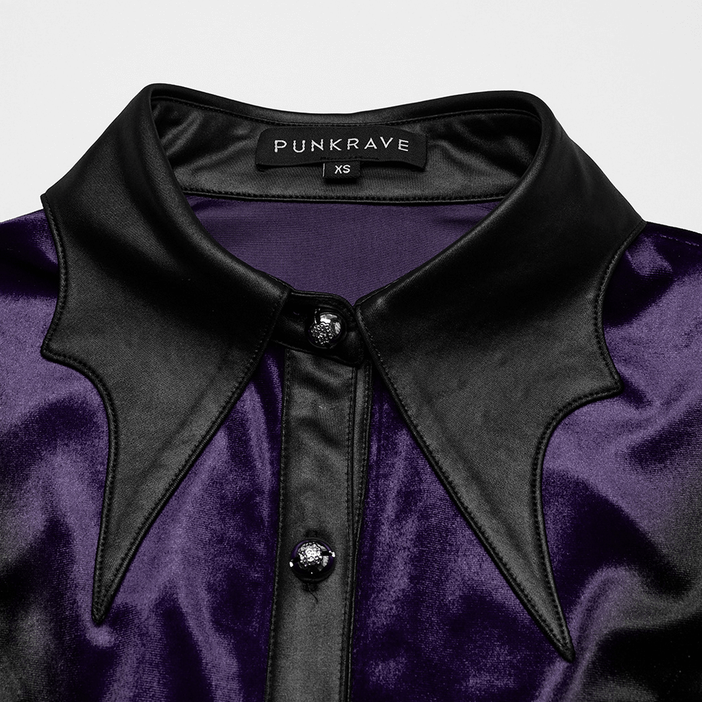 Close-up of the bat collar and buttons on a purple gothic velvet shirt by Punkrave, showcasing its unique design.