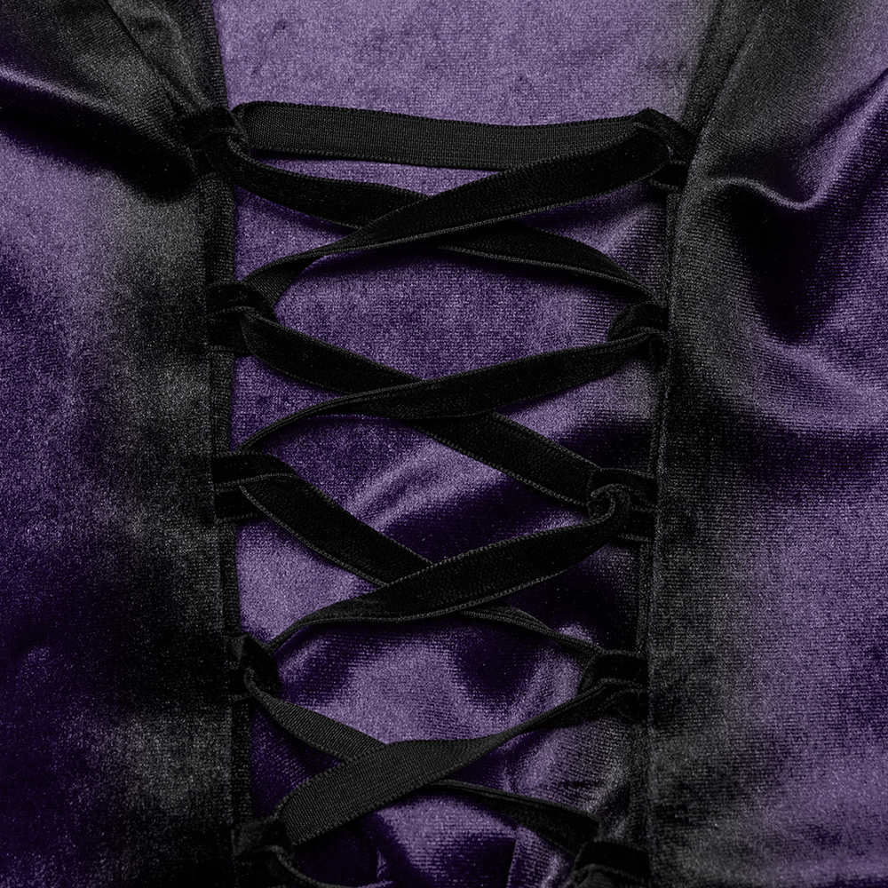 Close-up of lace-up detail on purple gothic velvet shirt, highlighting the beautiful gradient and luxurious texture.