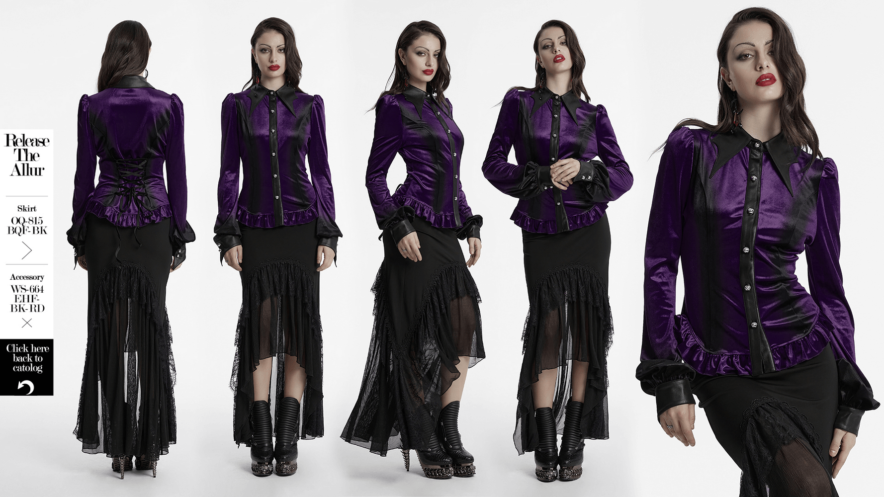 Purple Gothic velvet shirt with bat collar, ruffled hem, and lace-up waist, showcasing a stunning gothic style.