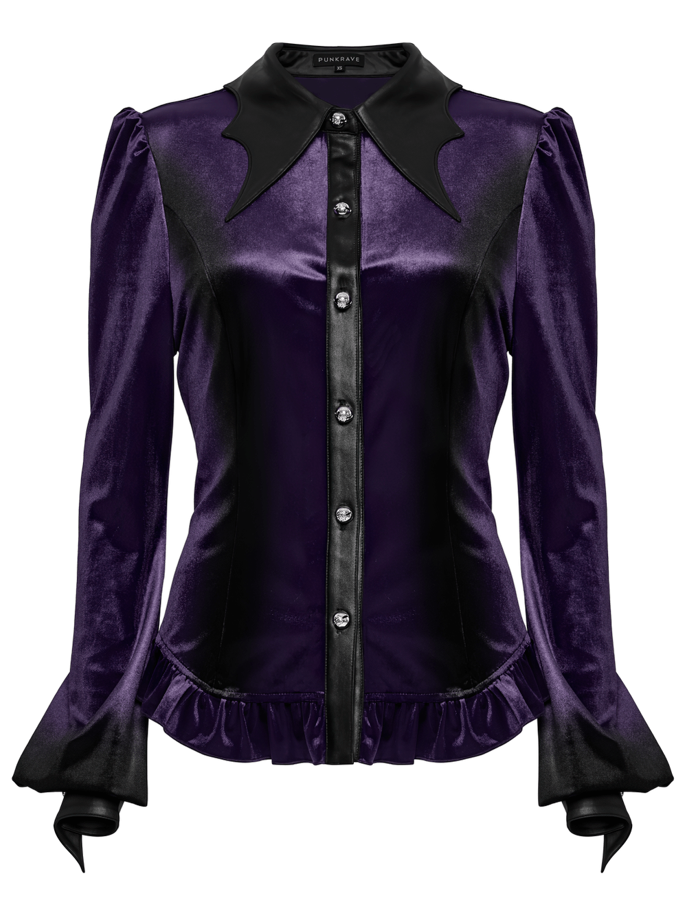 Purple gothic velvet shirt with bat collar and ruffle hem, featuring lace-up waist and floral carvings.
