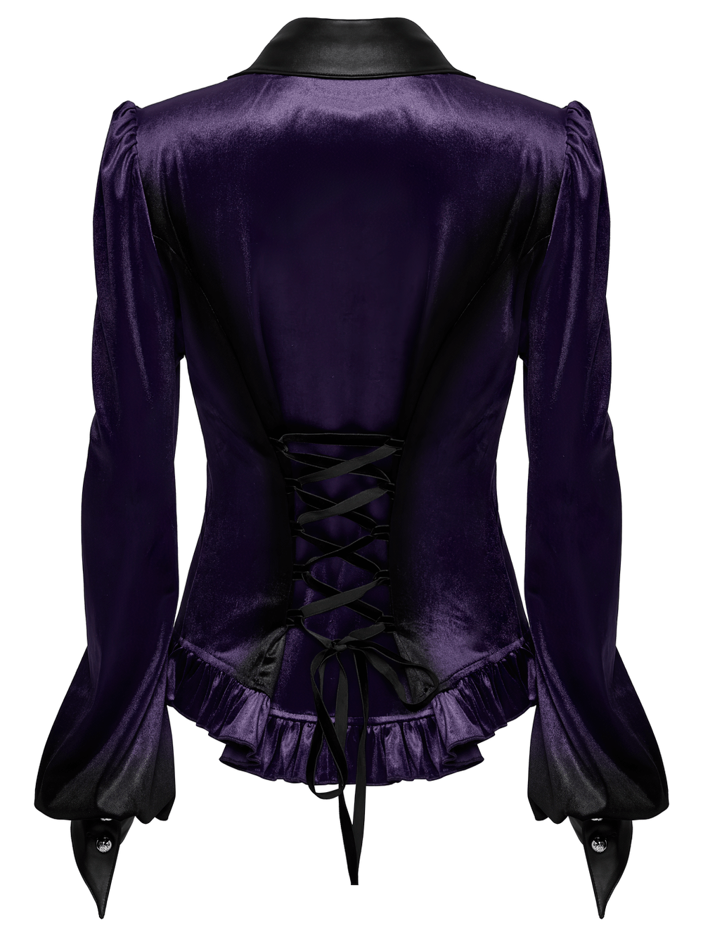 Back view of a purple gothic velvet shirt featuring a bat collar, lace-up waist, and ruffled hem for a dramatic look.