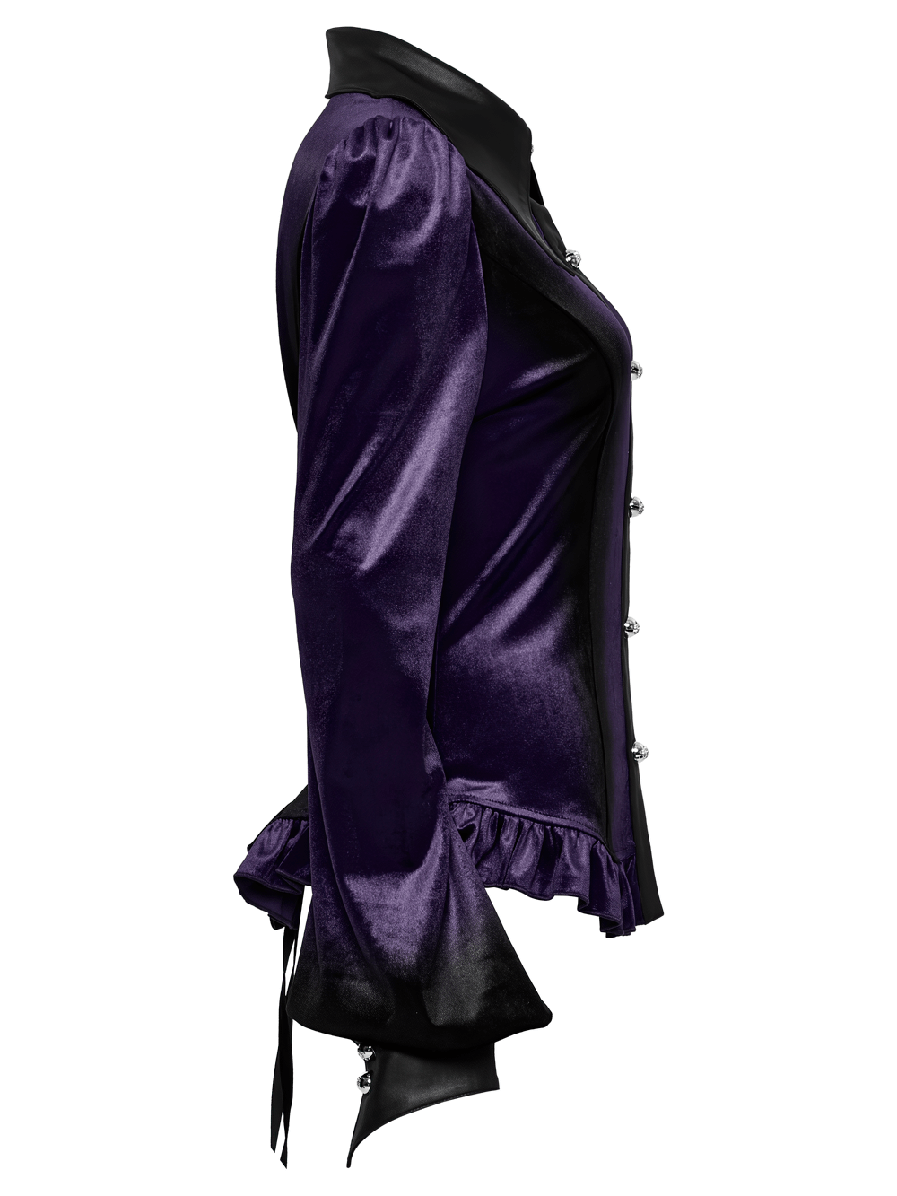 Purple gothic velvet shirt with bat collar and ruffled hem, showcasing a soft, elegant silhouette.