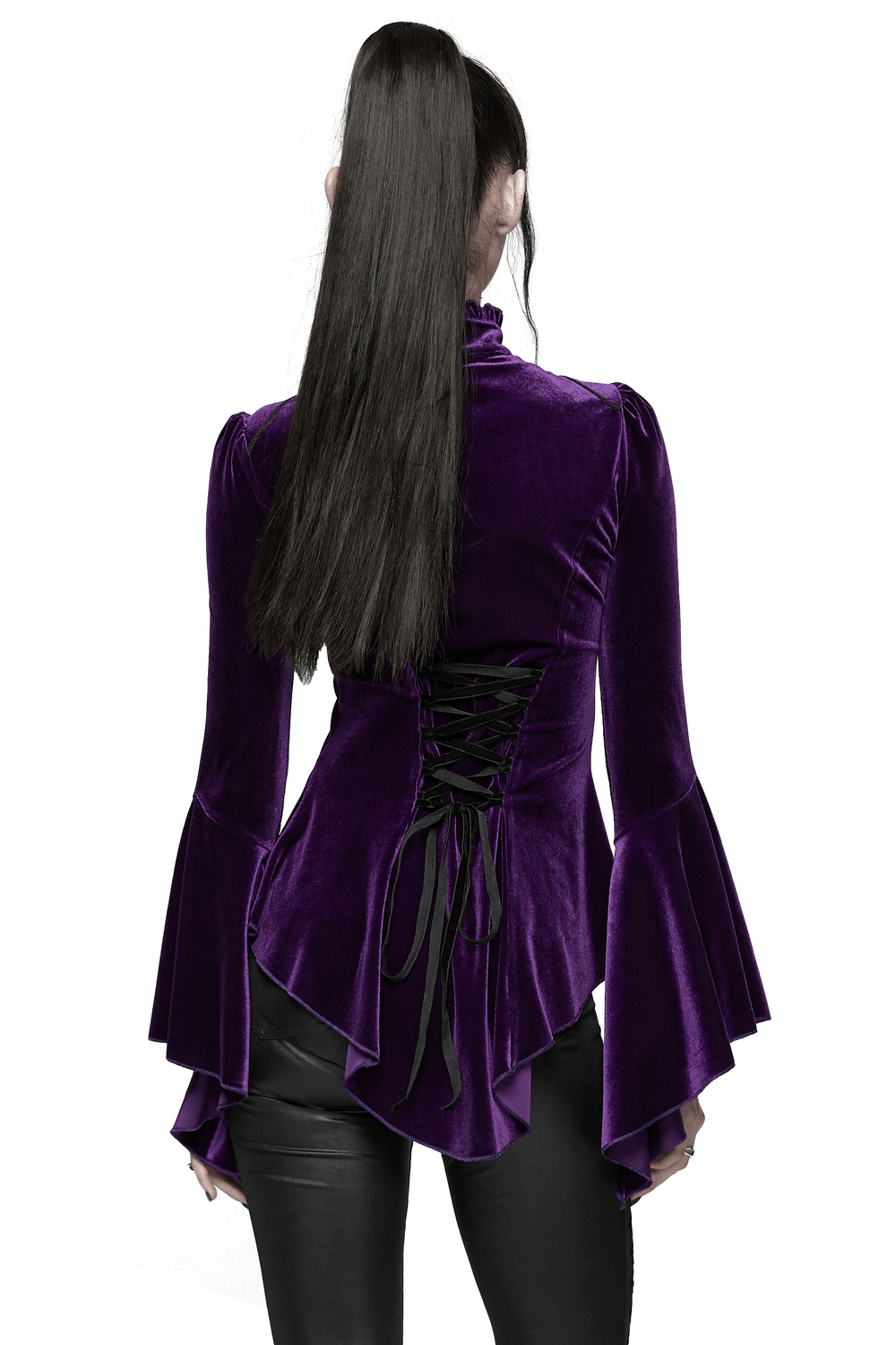 Back view of Purple Gothic Velvet Top with Lace and Flared Sleeves featuring corset lace-up detail.