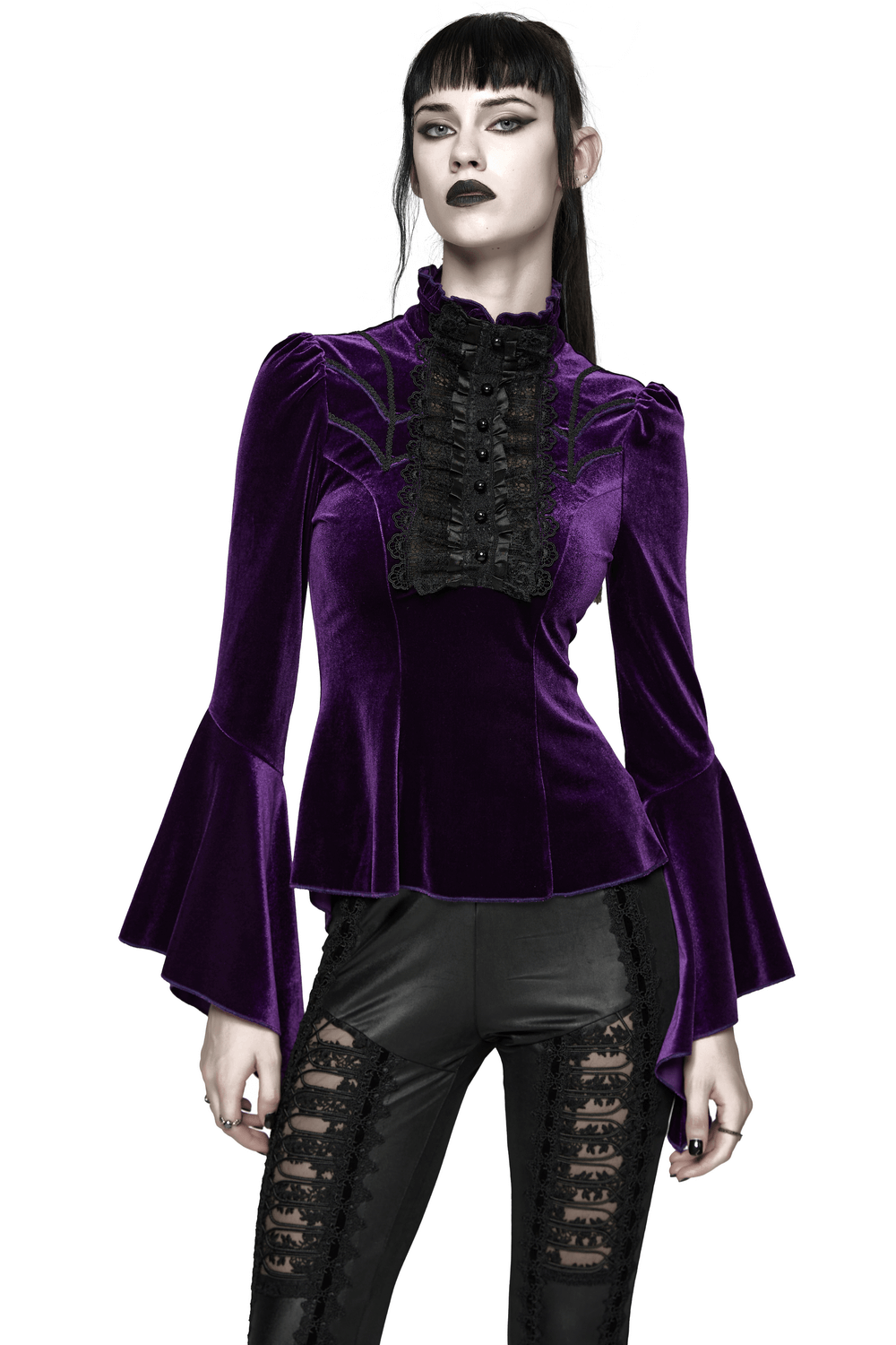 Purple Gothic Velvet Top with Lace and Flared Sleeves worn by model, showcasing dramatic cuffs and elegant corset back.
