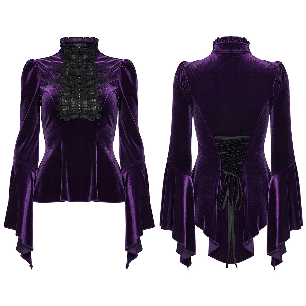 Purple Gothic Velvet Top with Lace and Flared Sleeves showcasing ruffled lace and corset back design.