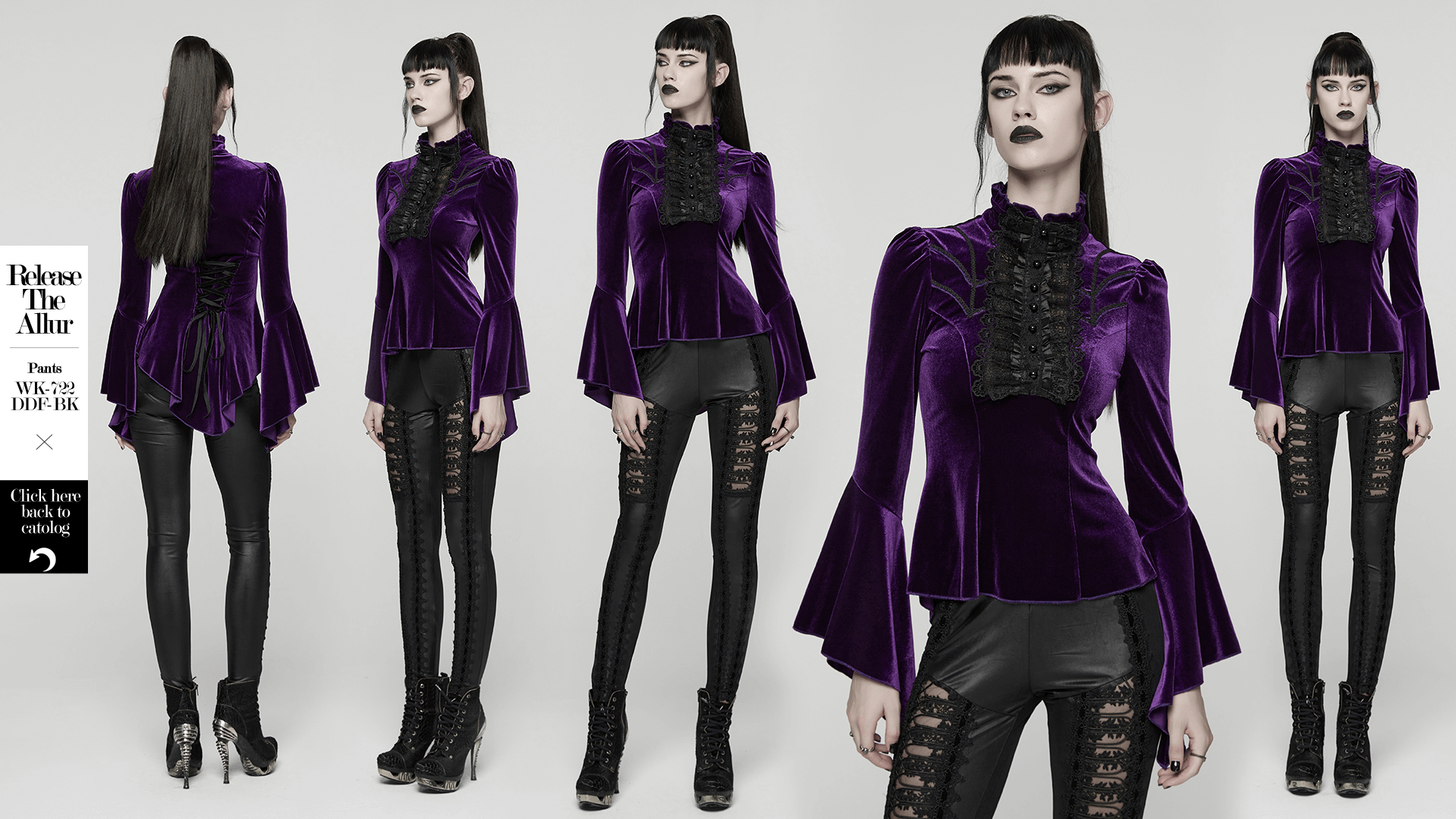 Purple Gothic Velvet Top with Lace and Flared Sleeves modeled by model, showcasing its elegant design and dramatic flared cuffs.