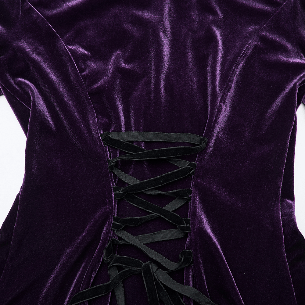 Purple Gothic Velvet Top with Lace and Flared Sleeves showing the corset lace-up back detail.