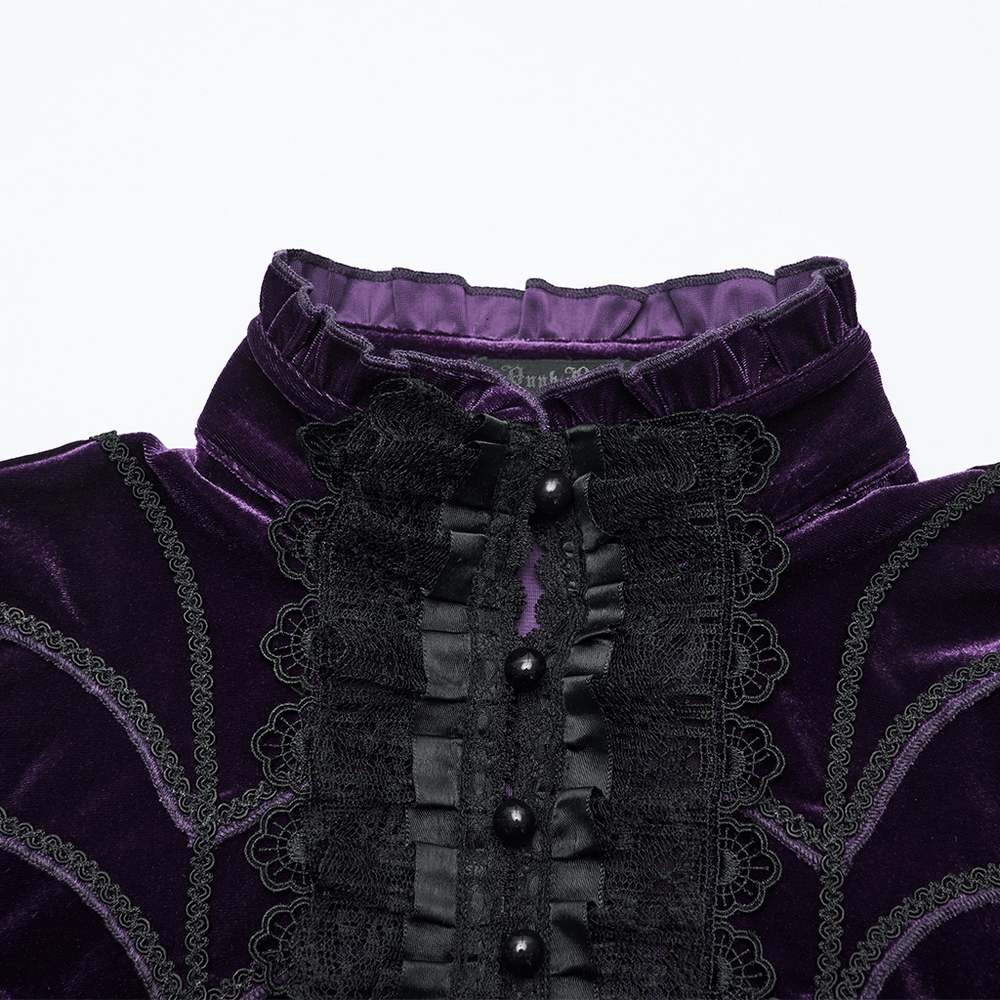 Purple Gothic Velvet Top with Lace and Flared Sleeves featuring ruffled lace and pearl buttons.