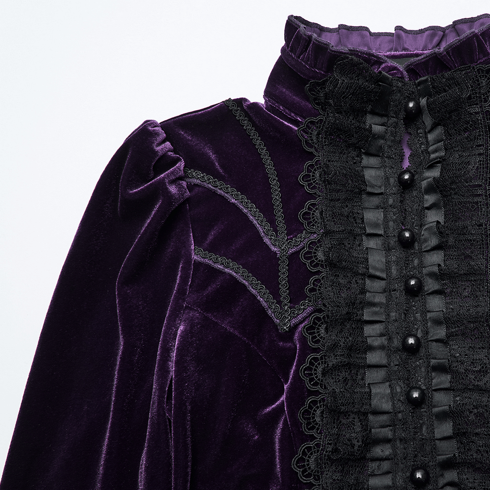 Purple Gothic Velvet Top with Lace and Flared Sleeves featuring ruffled lace and pearl buttons.
