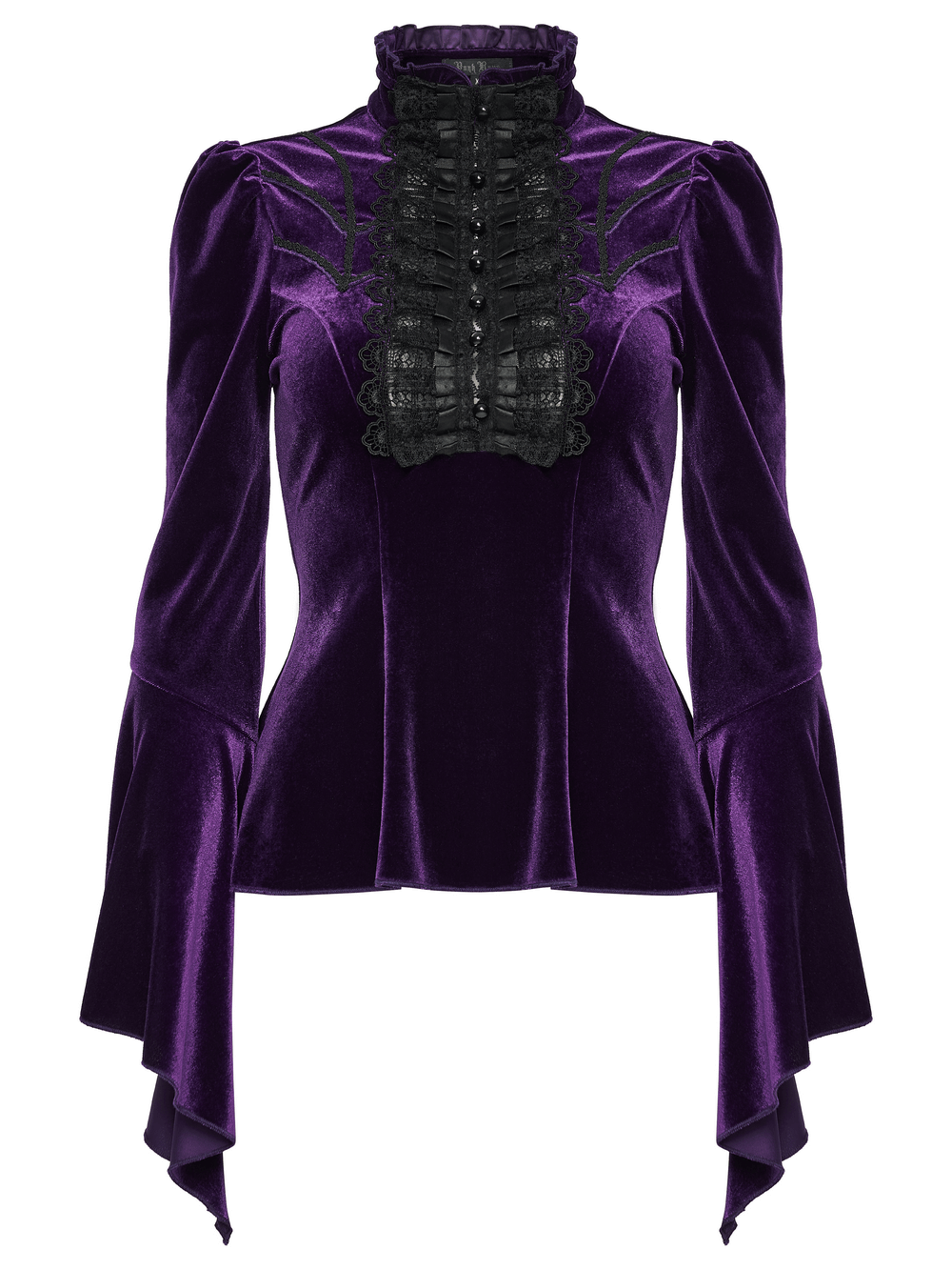 Purple Gothic Velvet Top with Lace and Flared Sleeves featuring a regal stand collar and dramatic cuffs.