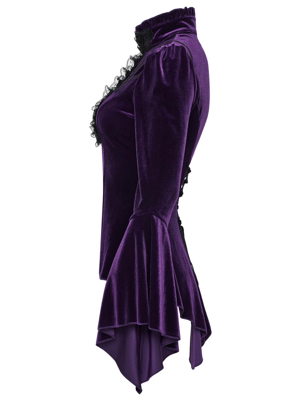 Purple Gothic Velvet Top with Lace and Flared Sleeves showcasing a side view of the elegant design and dramatic flared cuffs.