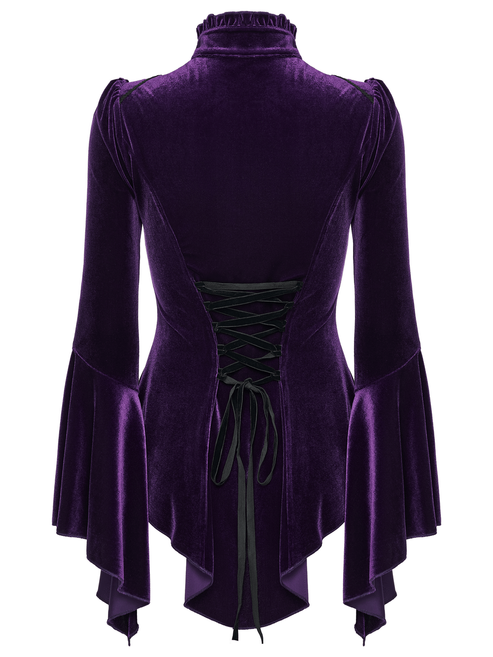 Purple Gothic Velvet Top with Lace and Flared Sleeves back view showcasing corset lace-up design.