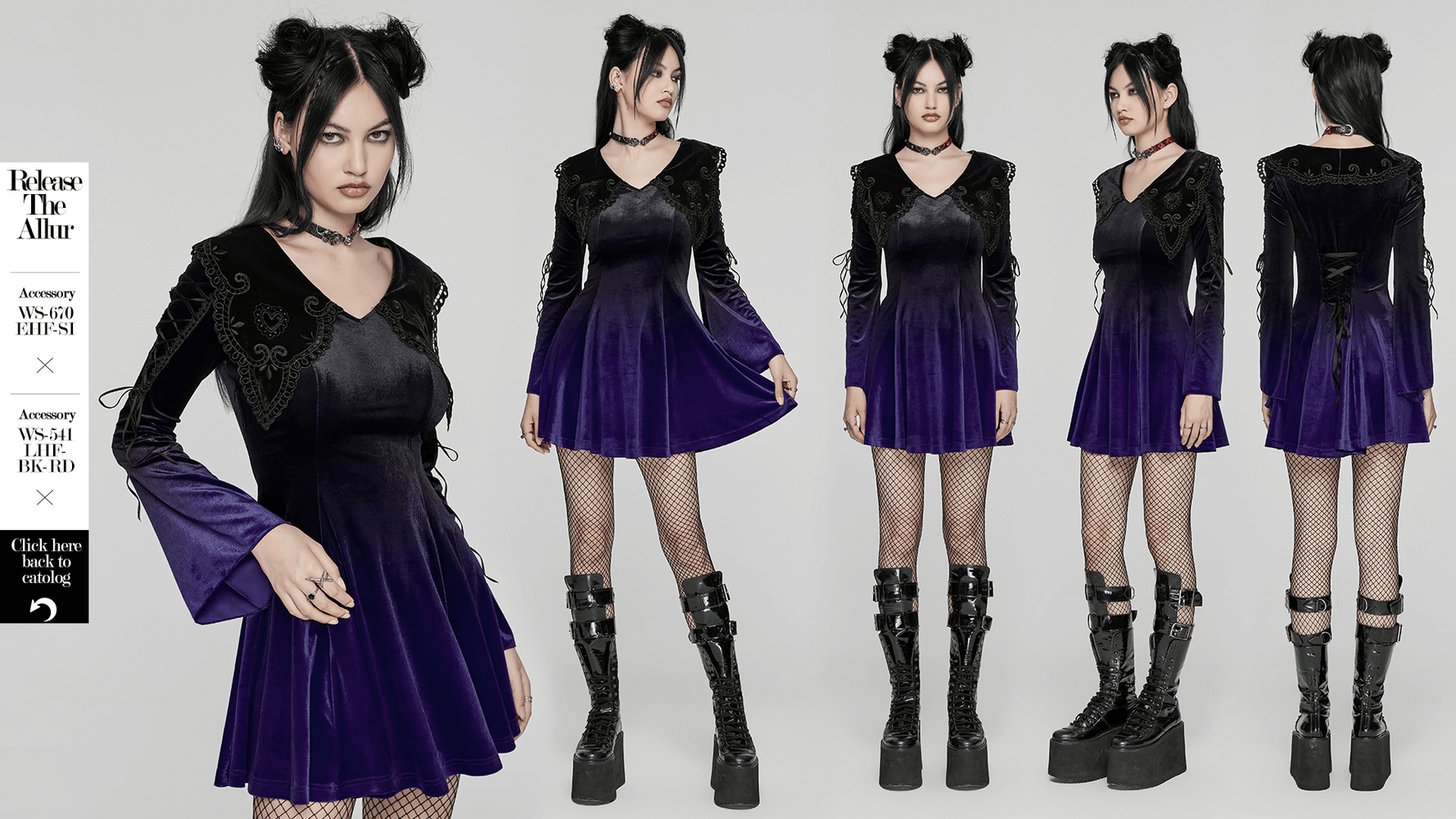 Purple gradient velvet gothic dress with lace details, heart collar, and flared sleeves, modeled with chunky boots for gothic fashion lovers.