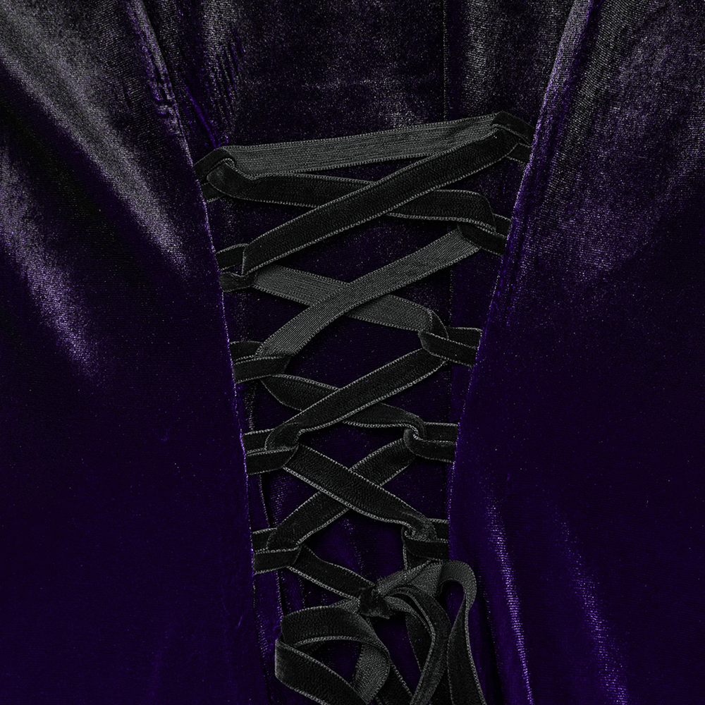 Close-up of purple gradient velvet gothic dress with black lace-up detail on back.