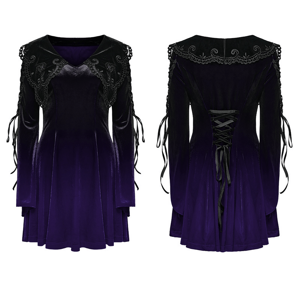 Gothic velvet dress in purple gradient with lace details, heart collar, flared sleeves, side zipper, and back drawstring.