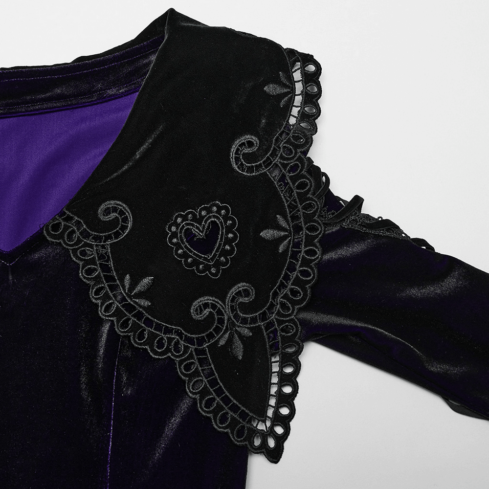 Gothic velvet dress with lace heart collar and flared sleeve detail, featuring purple gradient fabric and intricate upper arm straps.