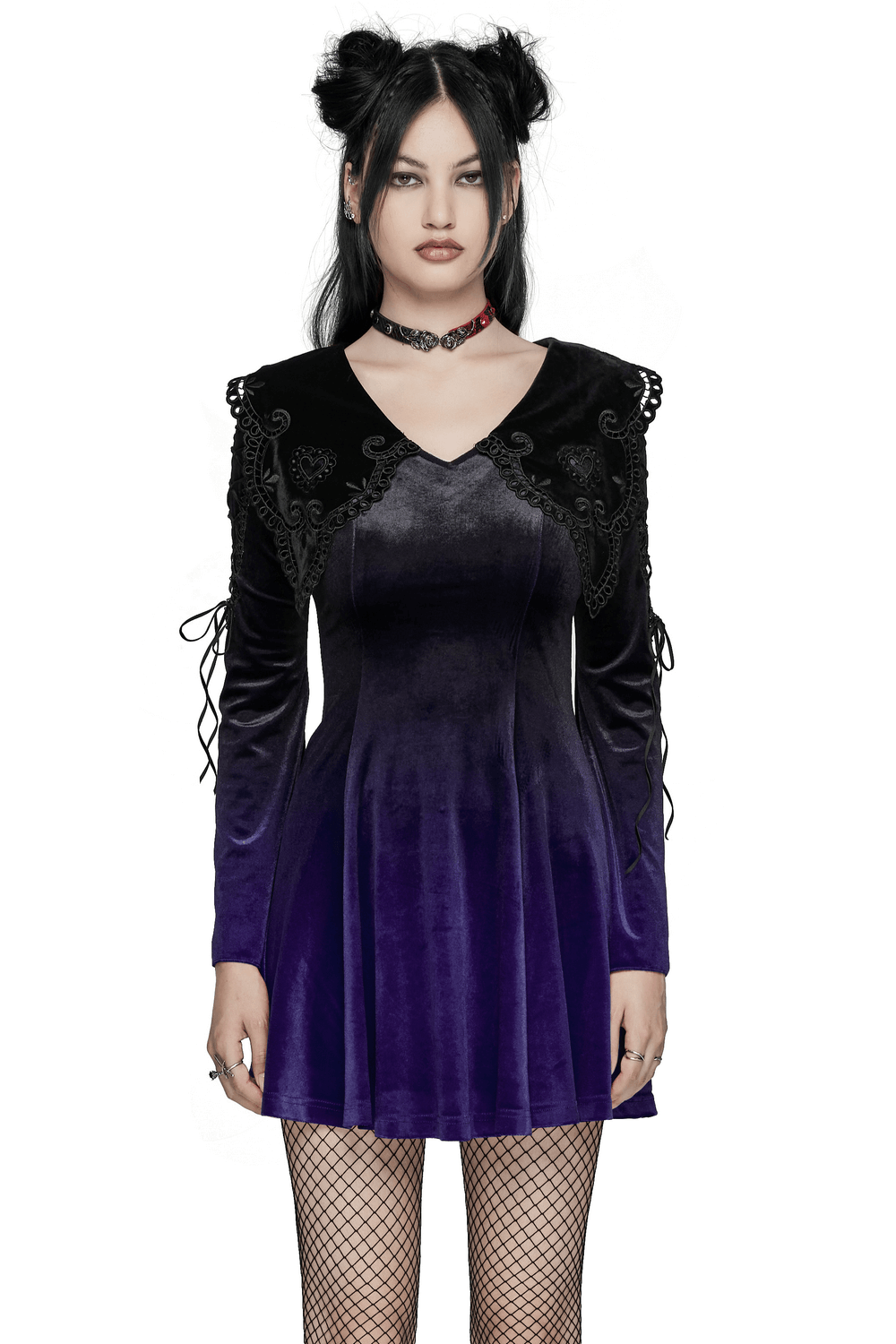 Purple gradient velvet gothic dress with lace details, heart collar, and flared sleeves, perfect for gothic fashion lovers.