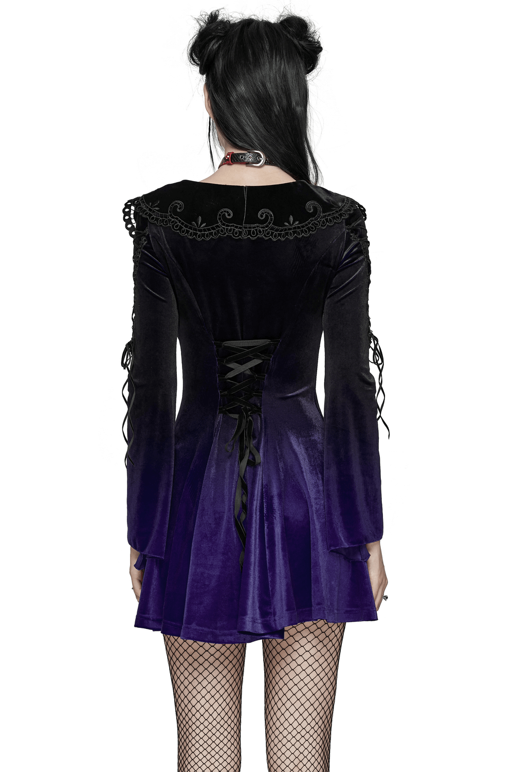 Purple gradient velvet gothic dress with lace details, heart collar, flared sleeves, and lace-up back, perfect for gothic fashion lovers.