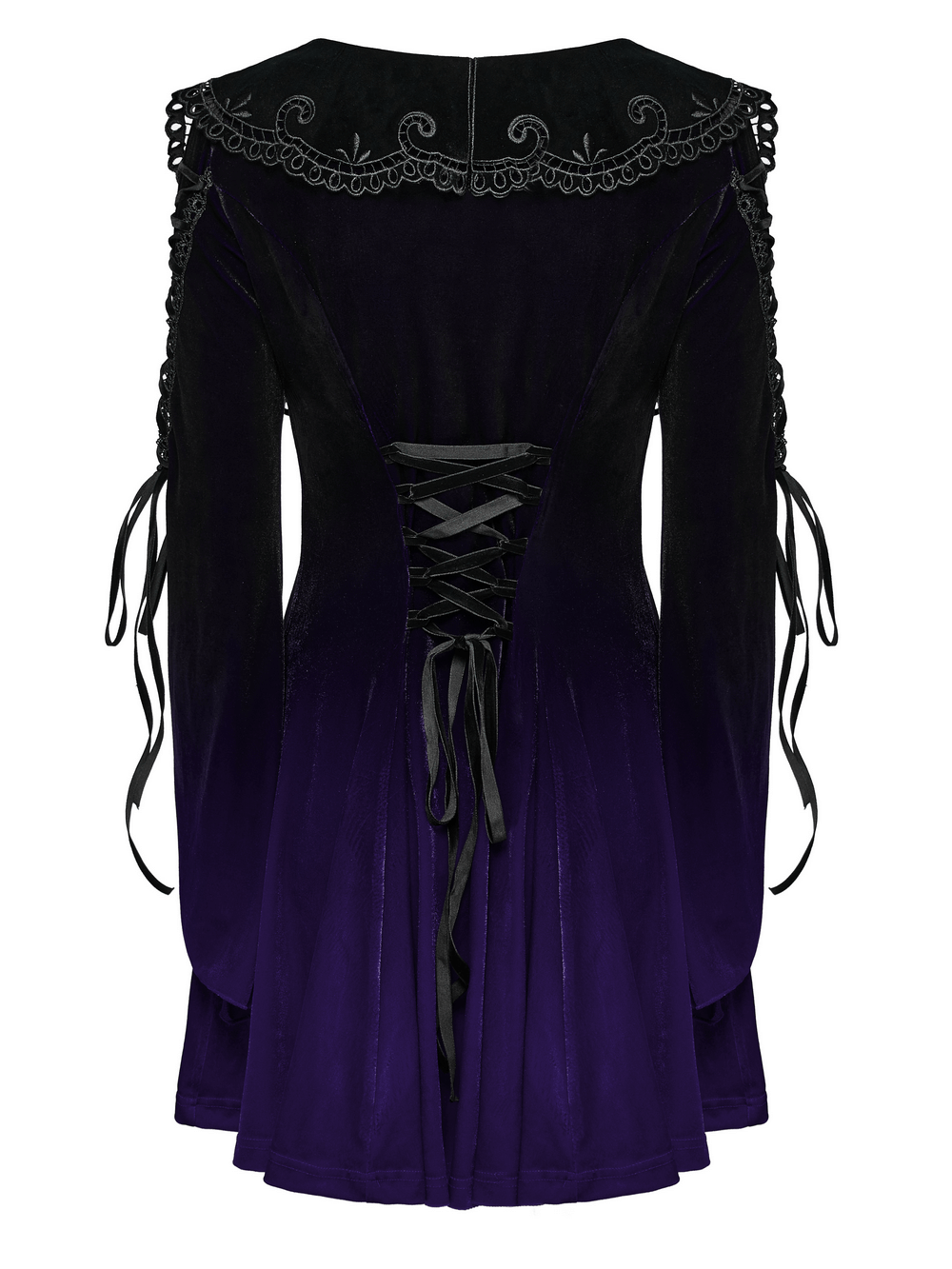Purple gradient velvet gothic dress with lace details, featuring a heart collar, flared sleeves, and intricate lace straps on the upper arms.