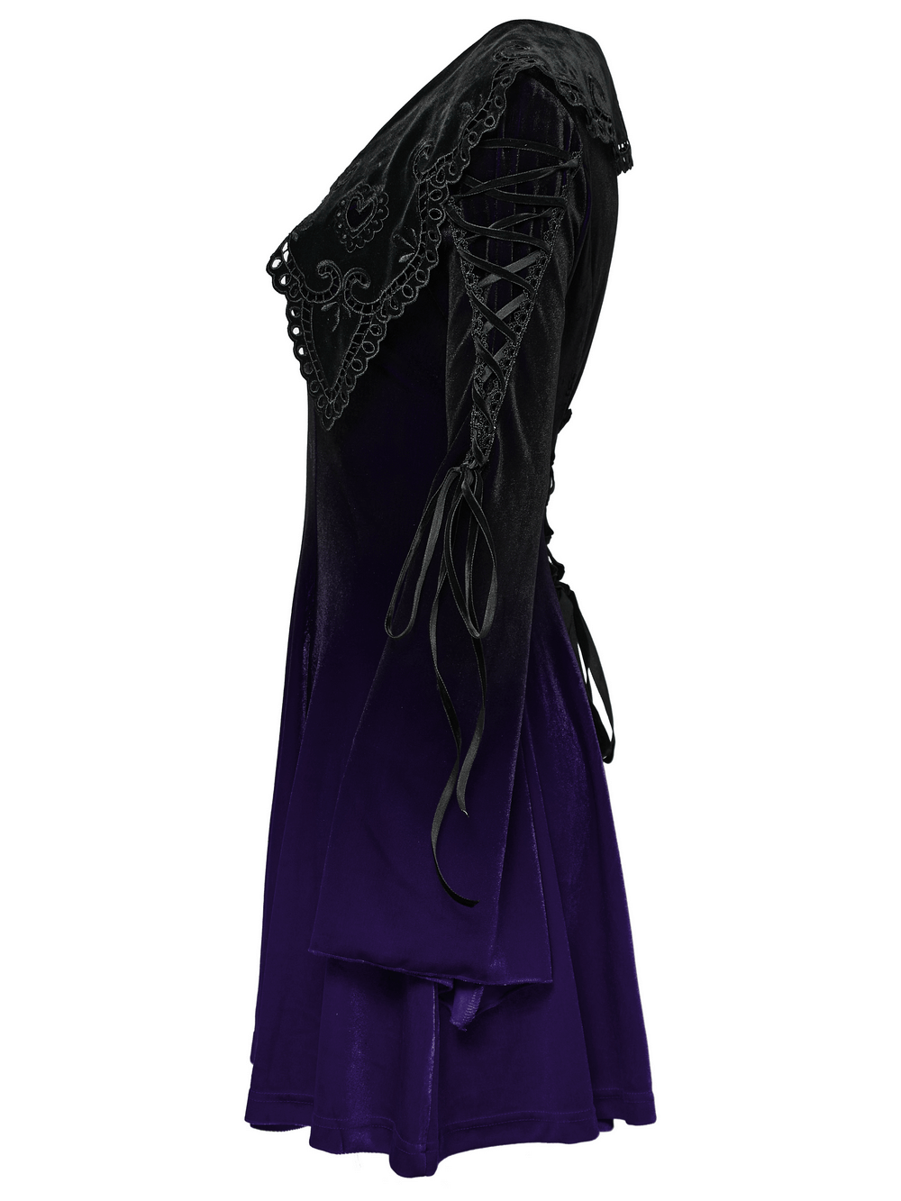 Purple gradient velvet gothic dress with heart collar, flared sleeves, and lace strap detailing.