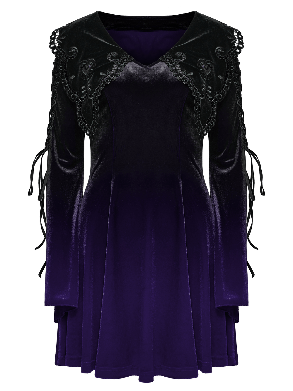 Purple gradient velvet gothic dress with lace details, heart collar, and flared sleeves, featuring intricate lace straps and A-line hem.