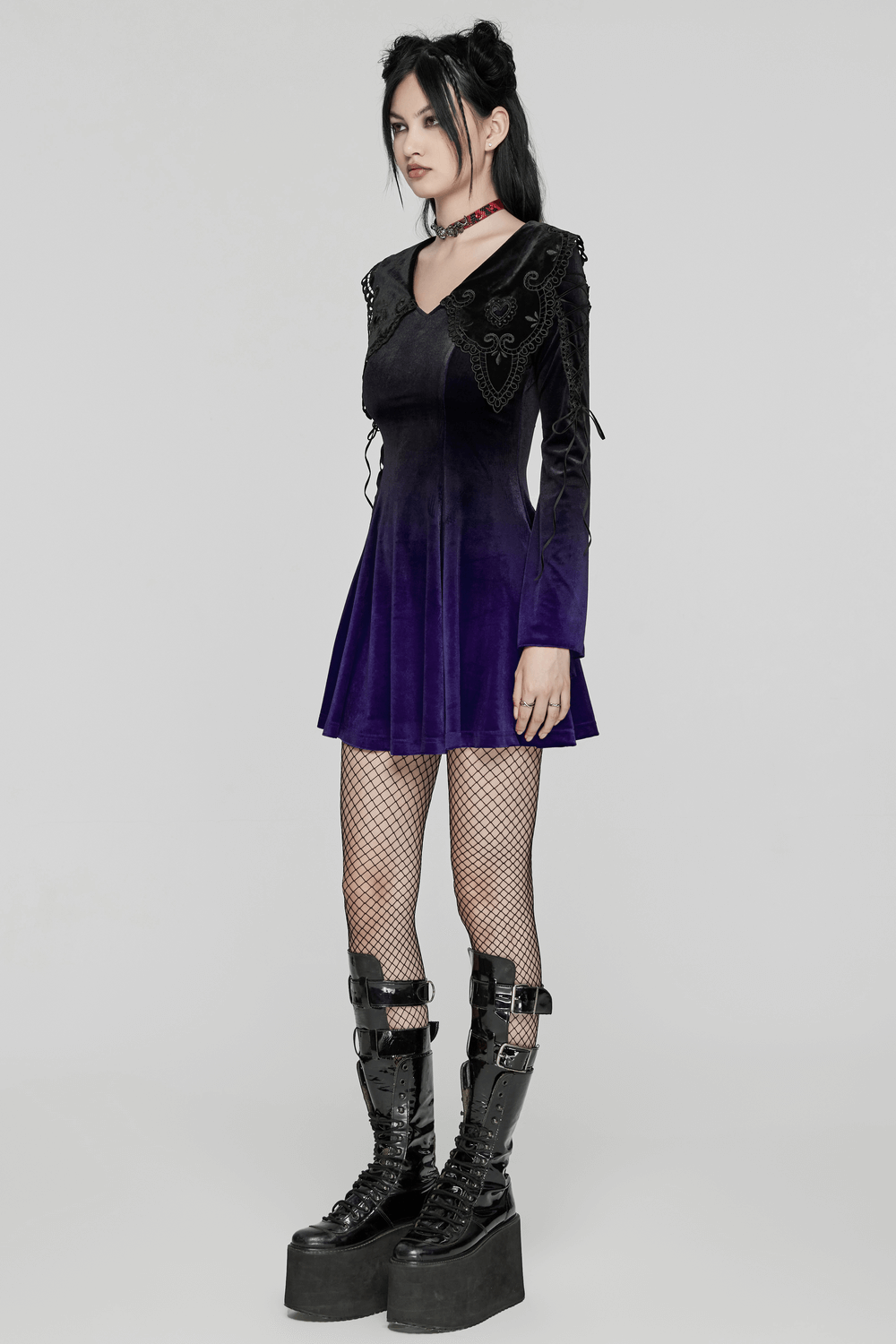 Purple gradient velvet Gothic dress with heart collar, lace details, and flared sleeves. Perfect for Gothic-inspired fashion lovers.