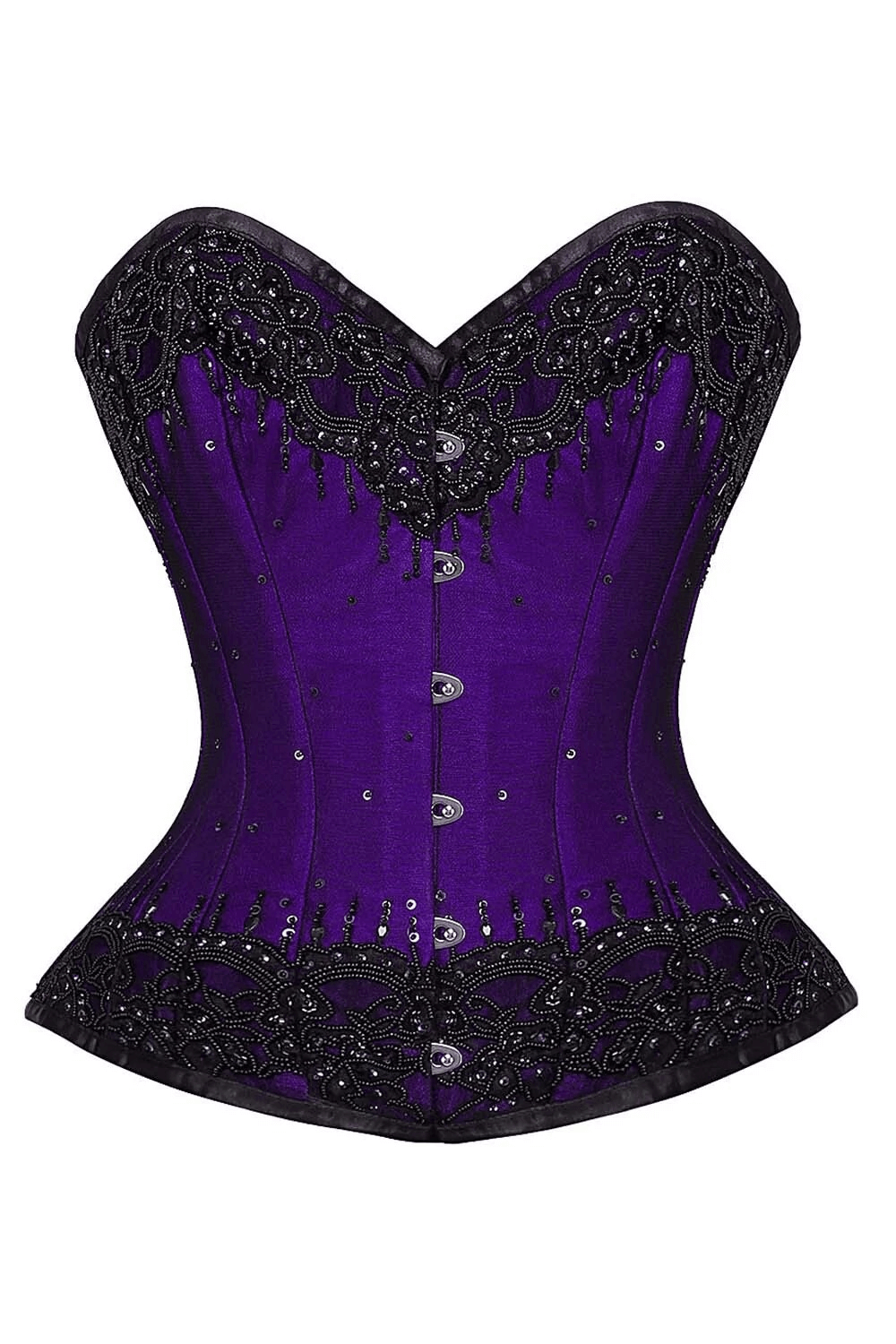 Alt Tag: Purple Lace Overlay Overbust Corset with Boning in purple satin with black lace, sequin beading, steel boning and front busk closure