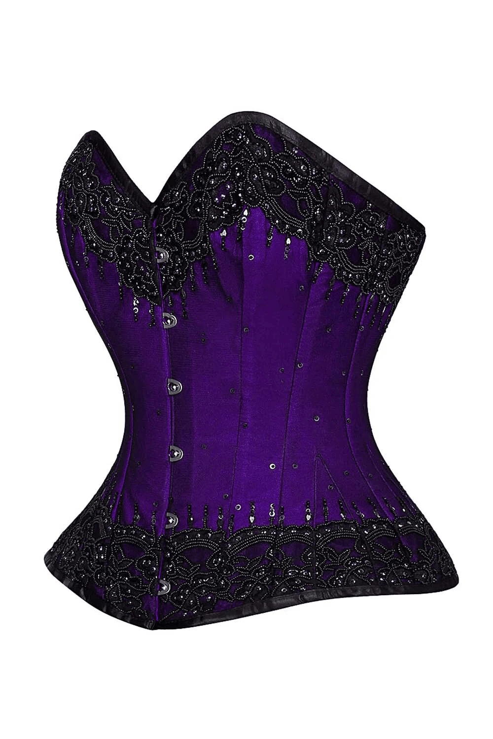 Alt Tag: Purple Lace Overlay Overbust Corset with Boning in purple satin with black lace overlay, steel boning, and front busk closure