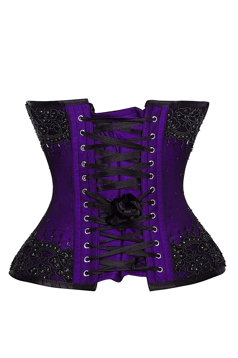 Alt Tag: Purple Lace Overlay Overbust Corset with Boning, purple gothic bustier with black lace overlay, steel boning, front busk, back lacing